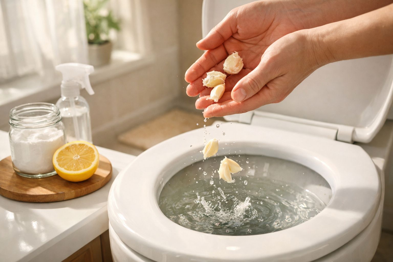 Dentes de alho a serem jogados na sanita, com uma taça de alho e cronómetro ao fundo.