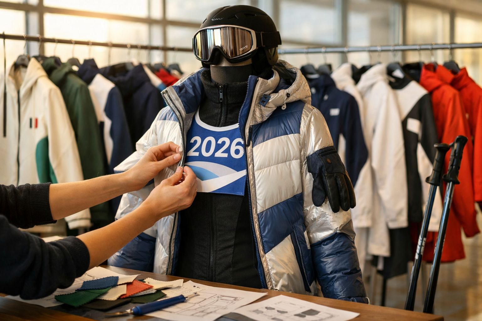 Manequim exposto com casaco de inverno, óculos de proteção e número 2026, enquanto uma pessoa ajusta detalhes.