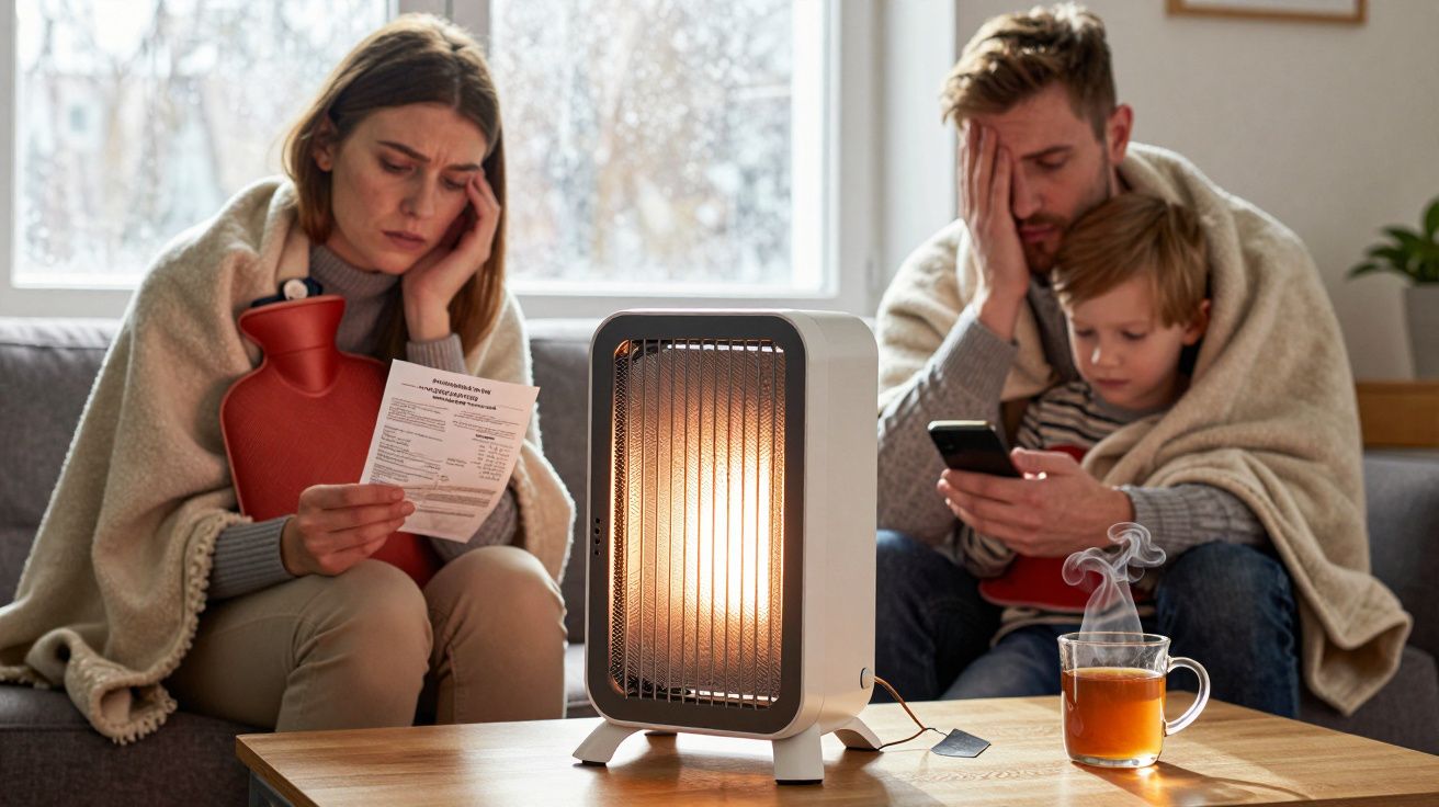Família preocupada com contas de aquecimento, sentada no sofá, com aquecedor e chá quente na mesa.