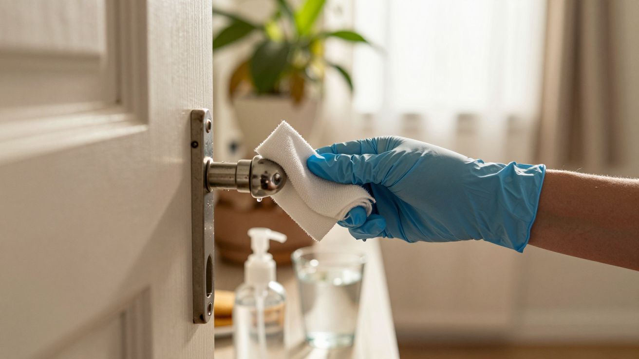 Pessoa com luva azul a limpar maçaneta da porta com um pano, frascos em fundo desfocado.