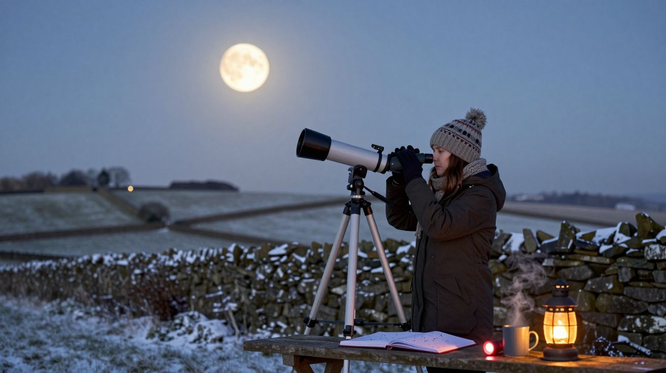 Pessoa num campo nevado observa a Lua cheia com telescópio. Há lanterna, chávena e caderno na mesa iluminados por candeeiro.