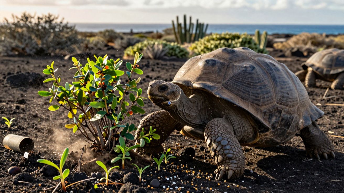 Tartaruga gigante ao lado de um arbusto num cenário de terra vulcânica, com o oceano ao fundo.