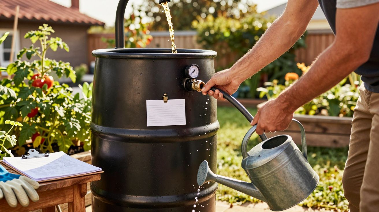Pessoa a encher regador com água de barril no jardim, rodeado por plantas e vegetais.