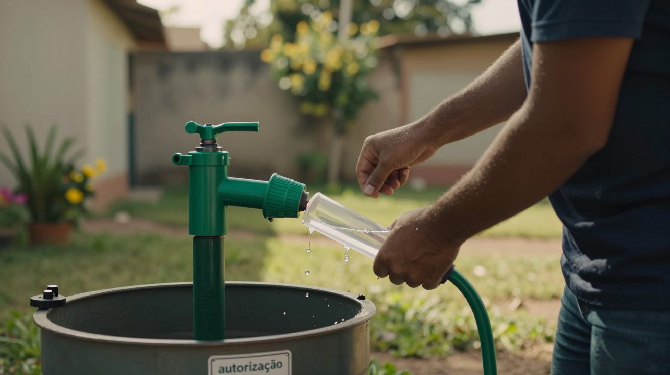Pessoa enche garrafa de água numa torneira verde ao ar livre, com plantas ao fundo.