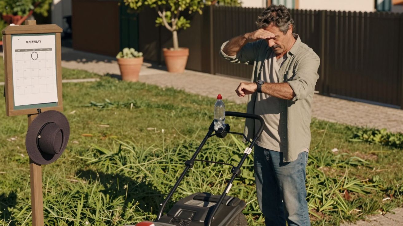 Homem numa relva, à sombra dos olhos, com um calendário e chapéu, ao lado de um cortador de relva e garrafa de água.