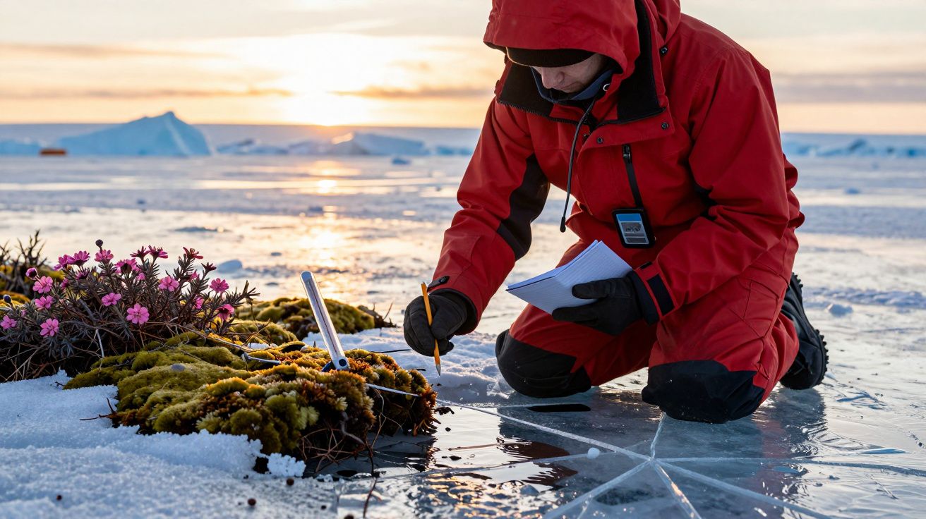 Cientista de casaco vermelho anota observações no gelo ártico ao lado de musgo e flores, ao pôr do sol.