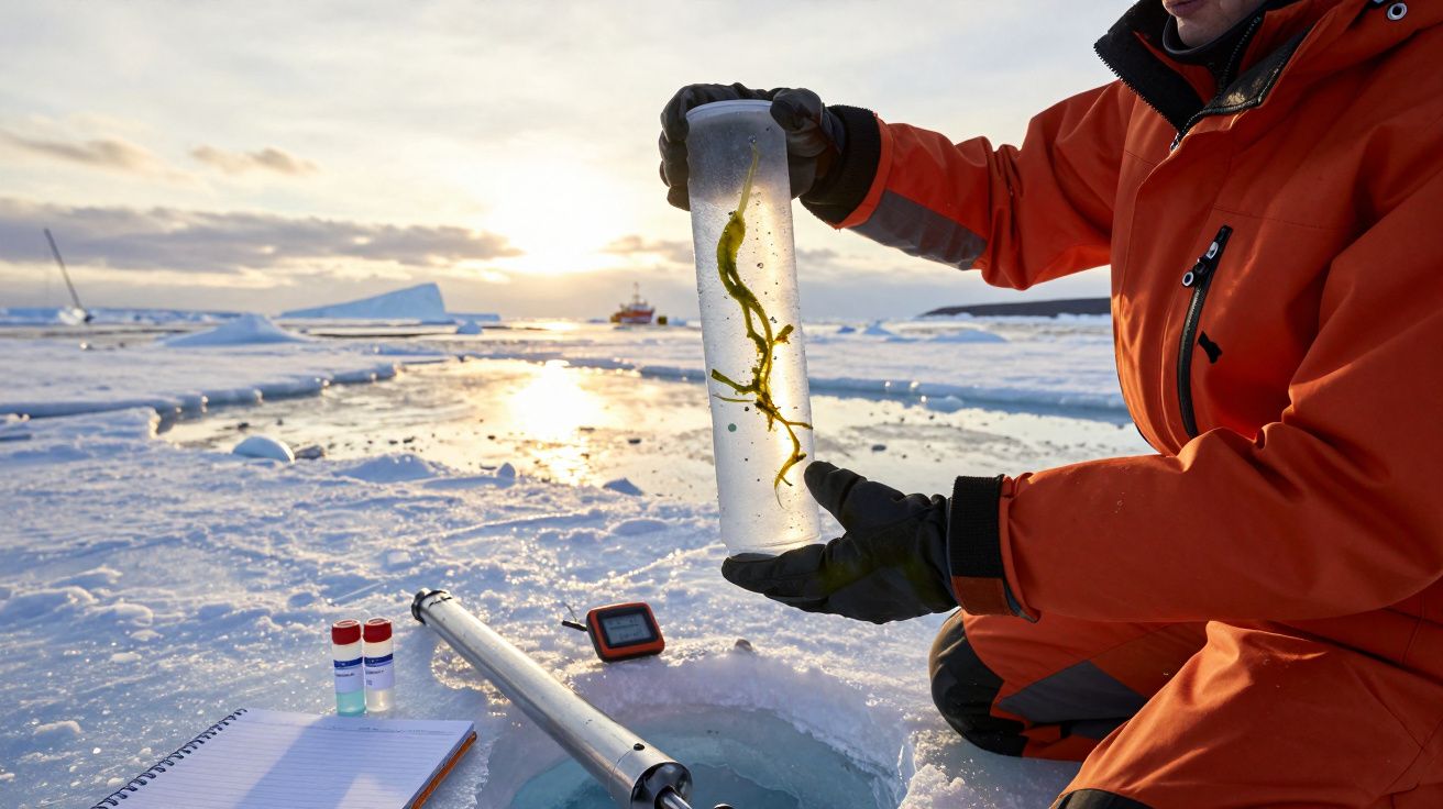 Cientista em traje laranja segura amostra de gelo com algas em paisagem gelada sob luz do sol, materiais científicos ao lado.