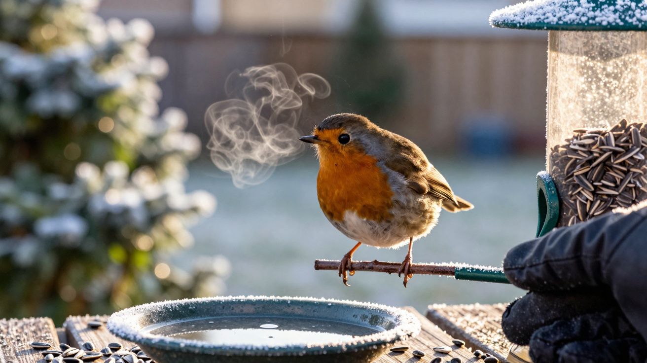 Pisco-de-peito-ruivo pousado num galho com vapor no ar, próximo a um comedouro de sementes num jardim nevado.