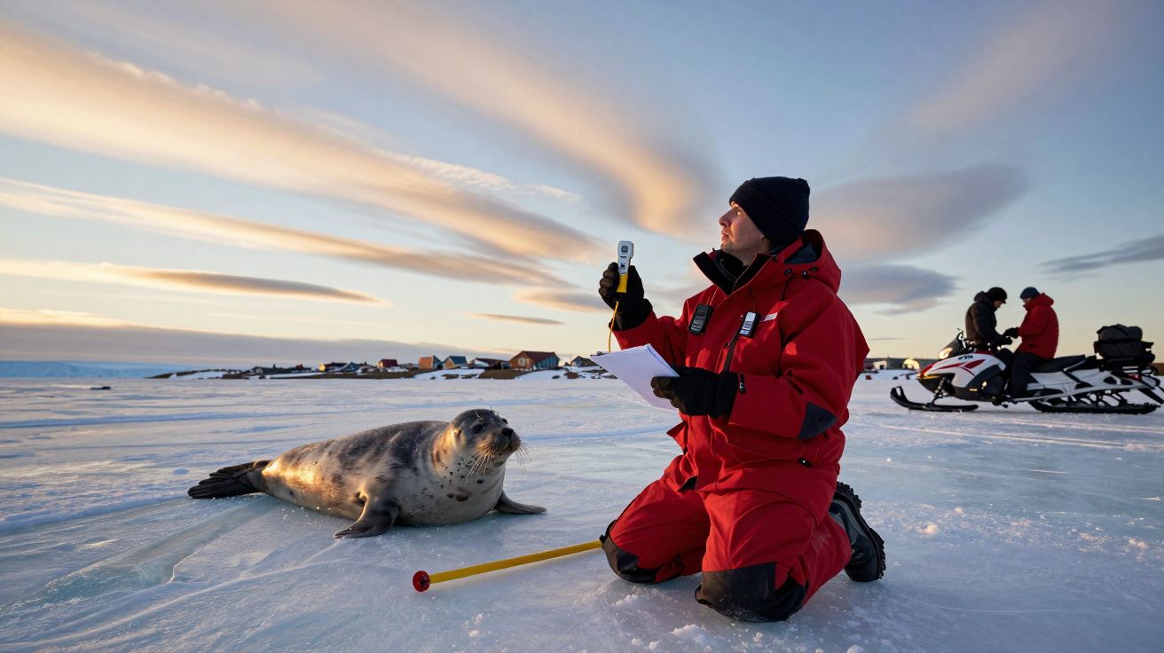 Investigador em roupa vermelha registra dados ao lado de uma foca em gelo ártico, enquanto duas pessoas estão numa mota de ne
