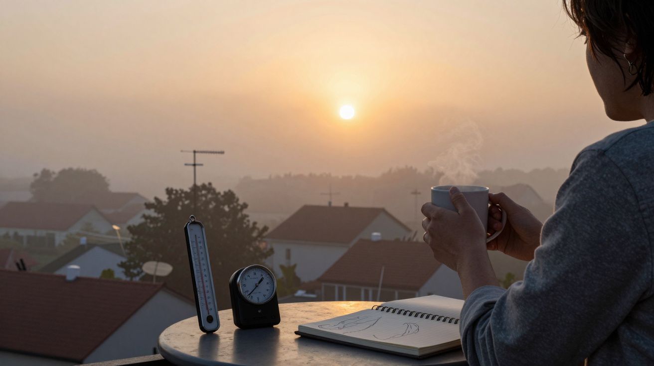 Pessoa tomando café ao nascer do sol numa varanda, com caderno, despertador e termómetro na mesa.
