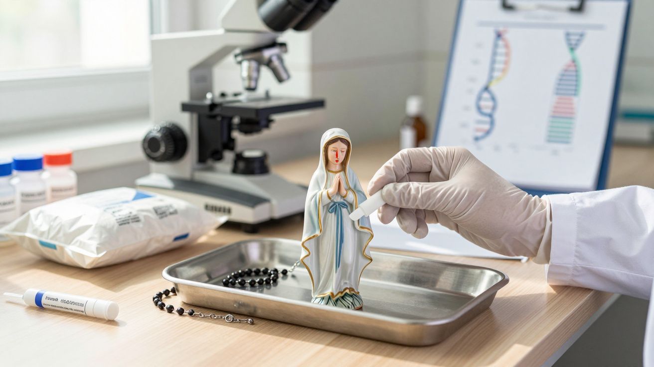 Estátua de Nossa Senhora num tabuleiro de laboratório com microscópio ao fundo e mão com luva segurando uma amostra.