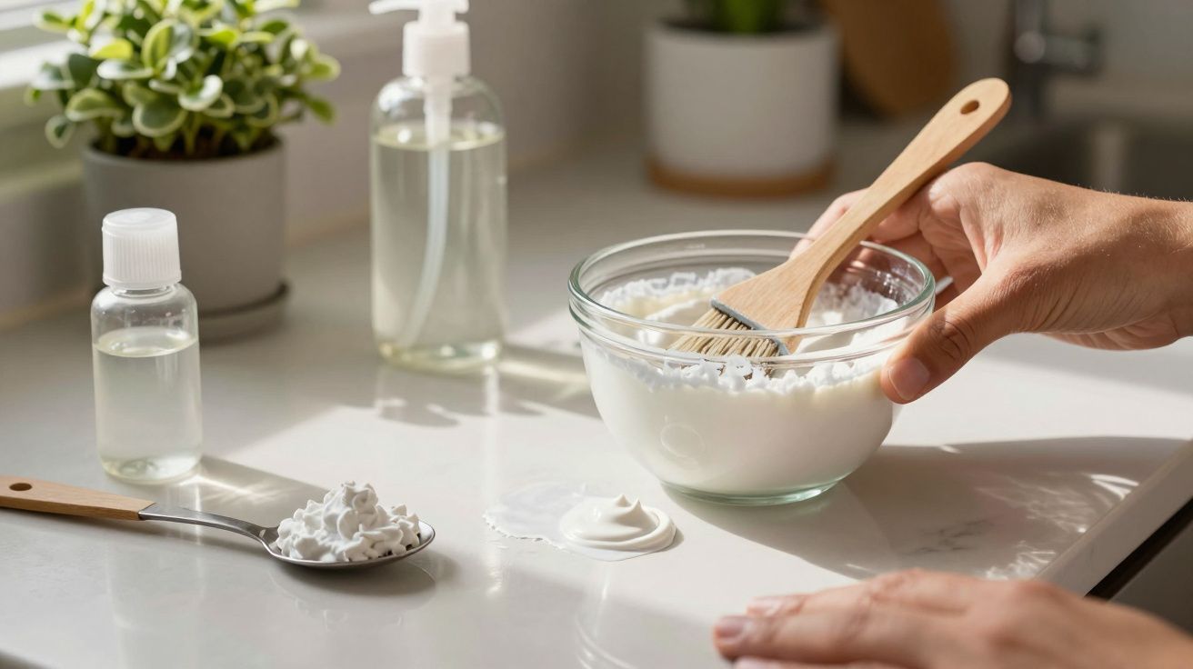 Mão mexe mistura cremosa numa taça de vidro com um pincel numa bancada, ao lado de frascos e uma colher com creme.