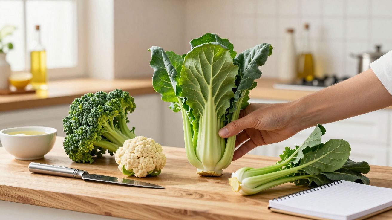 Mão segurando couve em cima de bancada com brócolos, couve-flor, faca e bloco de notas, em cozinha iluminada.