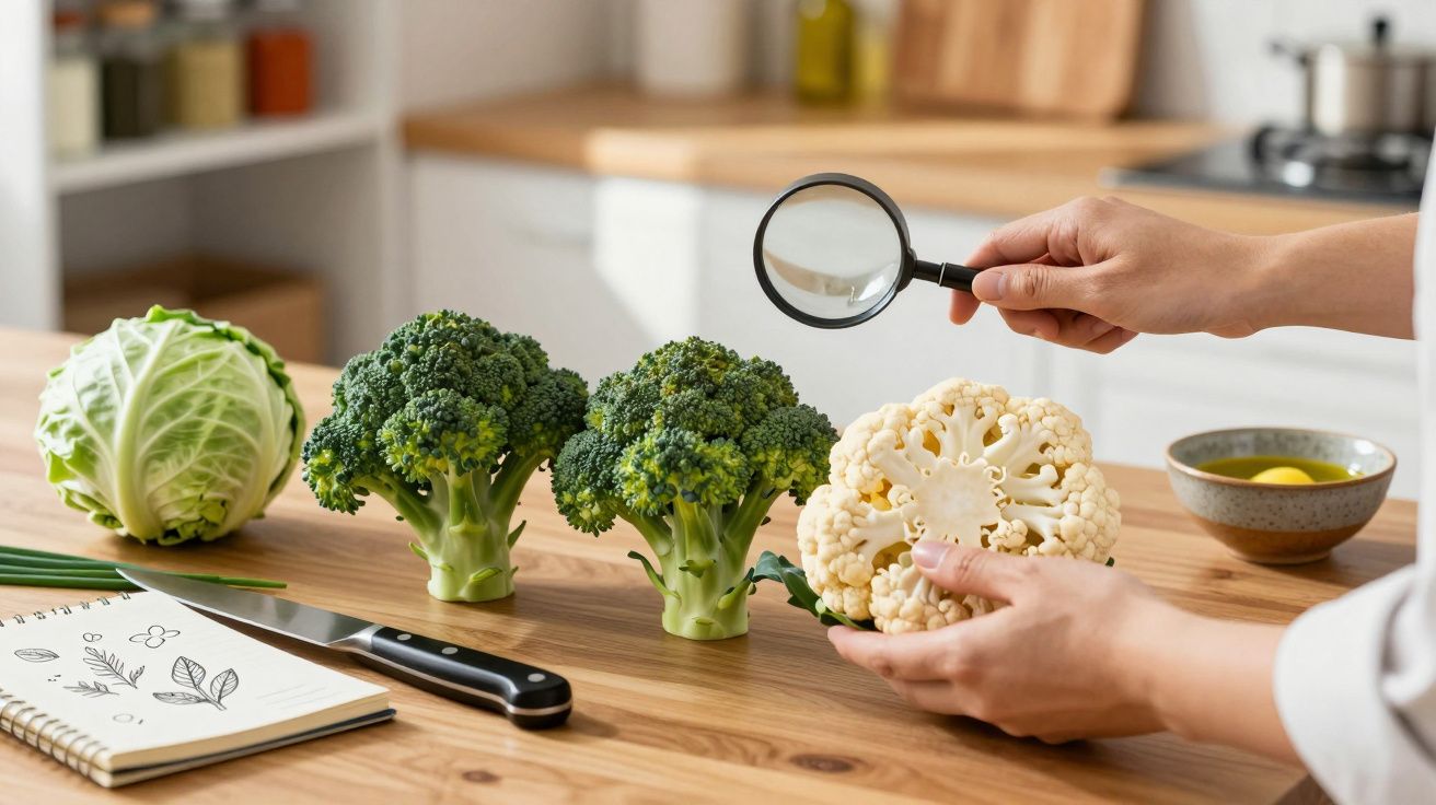 Pessoa analisa couve-flor com lupa numa cozinha, ao lado de couve e brócolos, em cima de uma bancada de madeira.