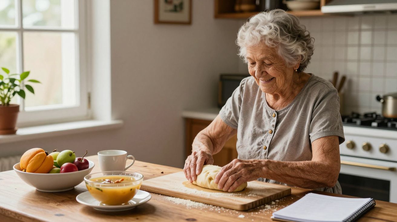 Idosa sorridente a amassar massa numa cozinha, com frutas e chá na mesa ao lado.