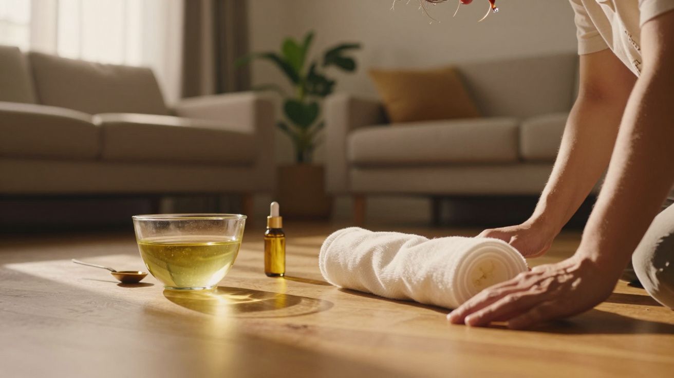 Pessoa prepara toalha ao lado de tigela de óleo e frasco, em sala com sofá e planta ao fundo.