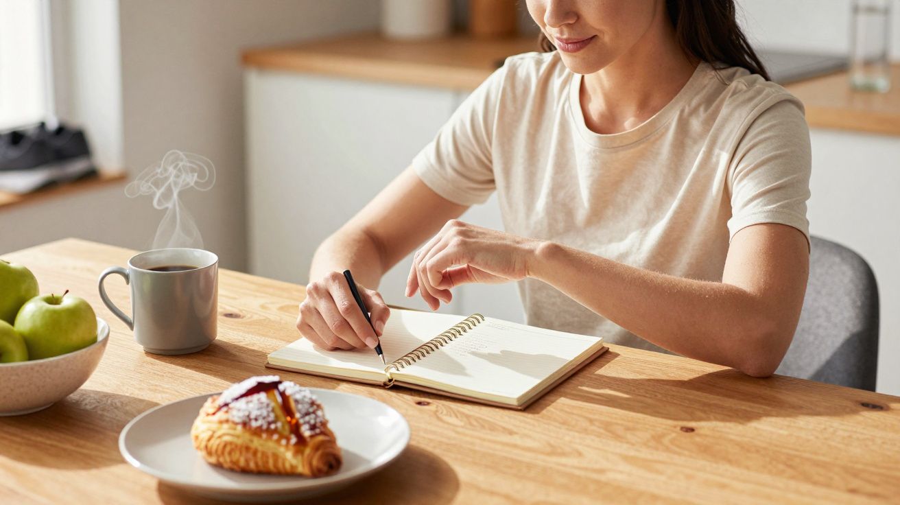 Mulher sentada à mesa, escrevendo num caderno, com café e pastelaria ao lado.