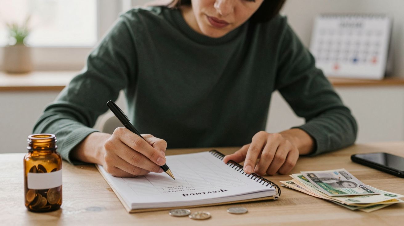 Mulher escreve num caderno em mesa com moedas, notas e frasco.