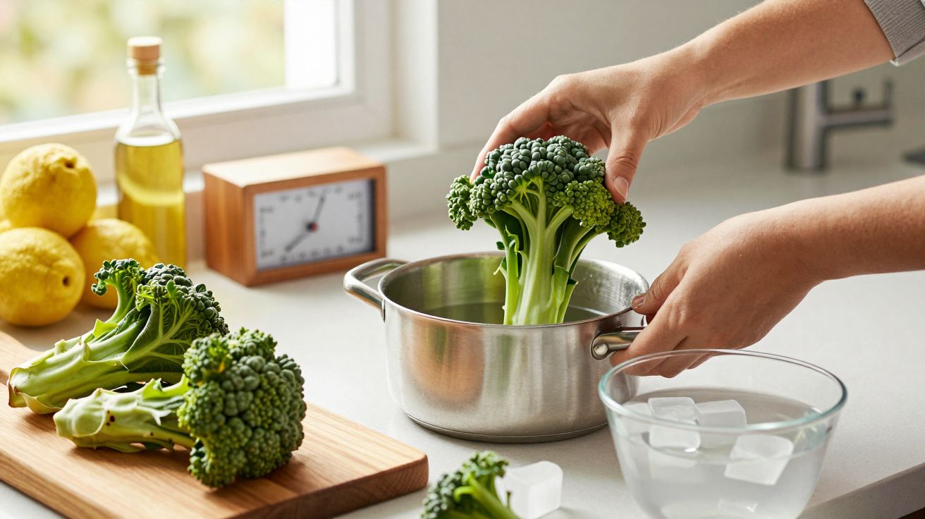 Mãos colocam brócolos numa panela em cozinha, com limões, azeite e tigela de água com gelo ao lado.