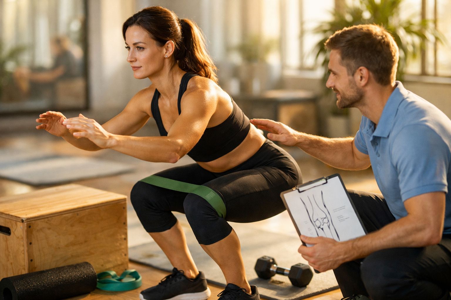 Duas mulheres a fazer exercício, uma agachada e a outra a apoiar, com rolo de espuma no chão.