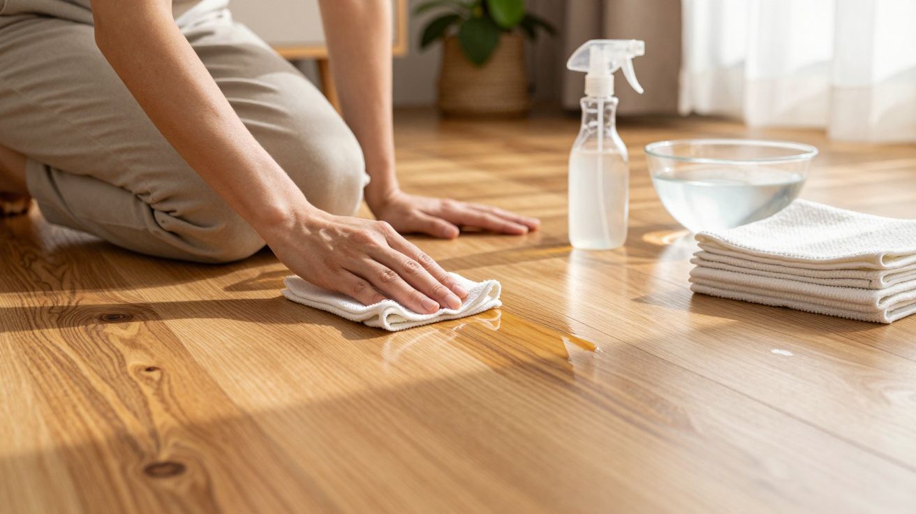 Pessoa a limpar chão de madeira com um pano, junto a um borrifador e uma tigela com água.