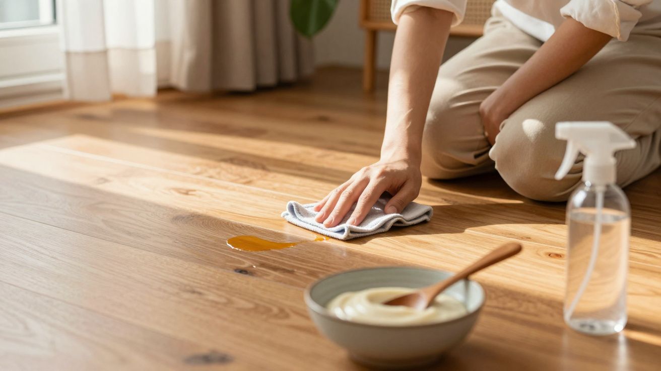 Pessoa limpando líquido derramado no chão de madeira com pano, ao lado de tigela e spray.