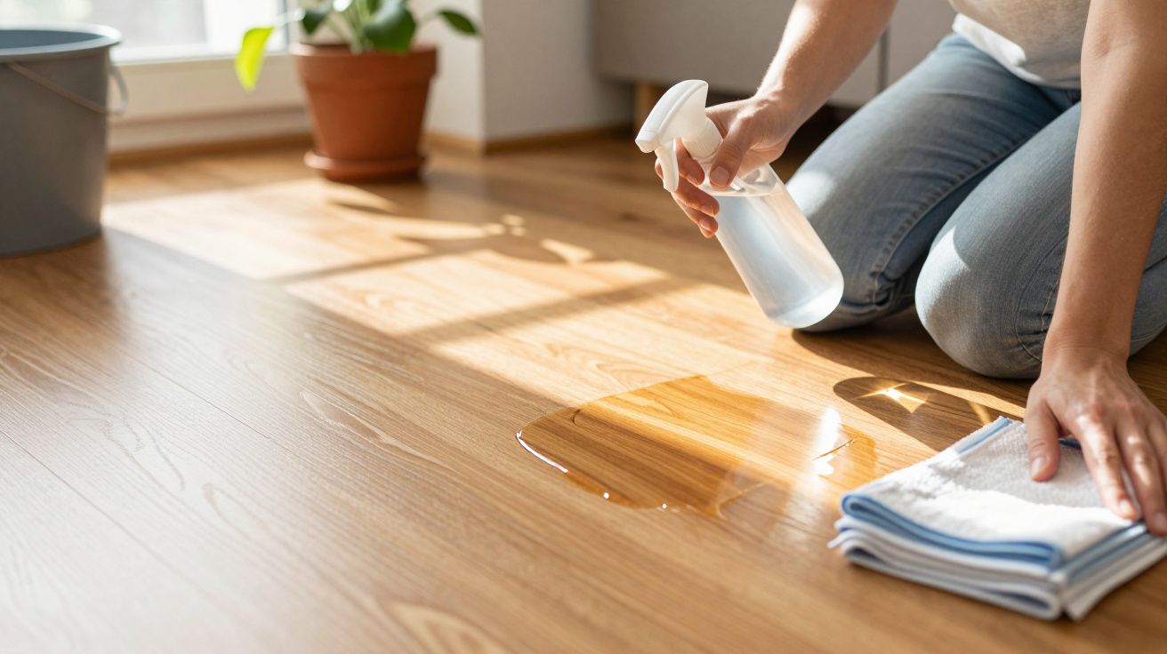 Pessoa a limpar chão de madeira com spray e pano, ao lado de vaso de planta e balde.