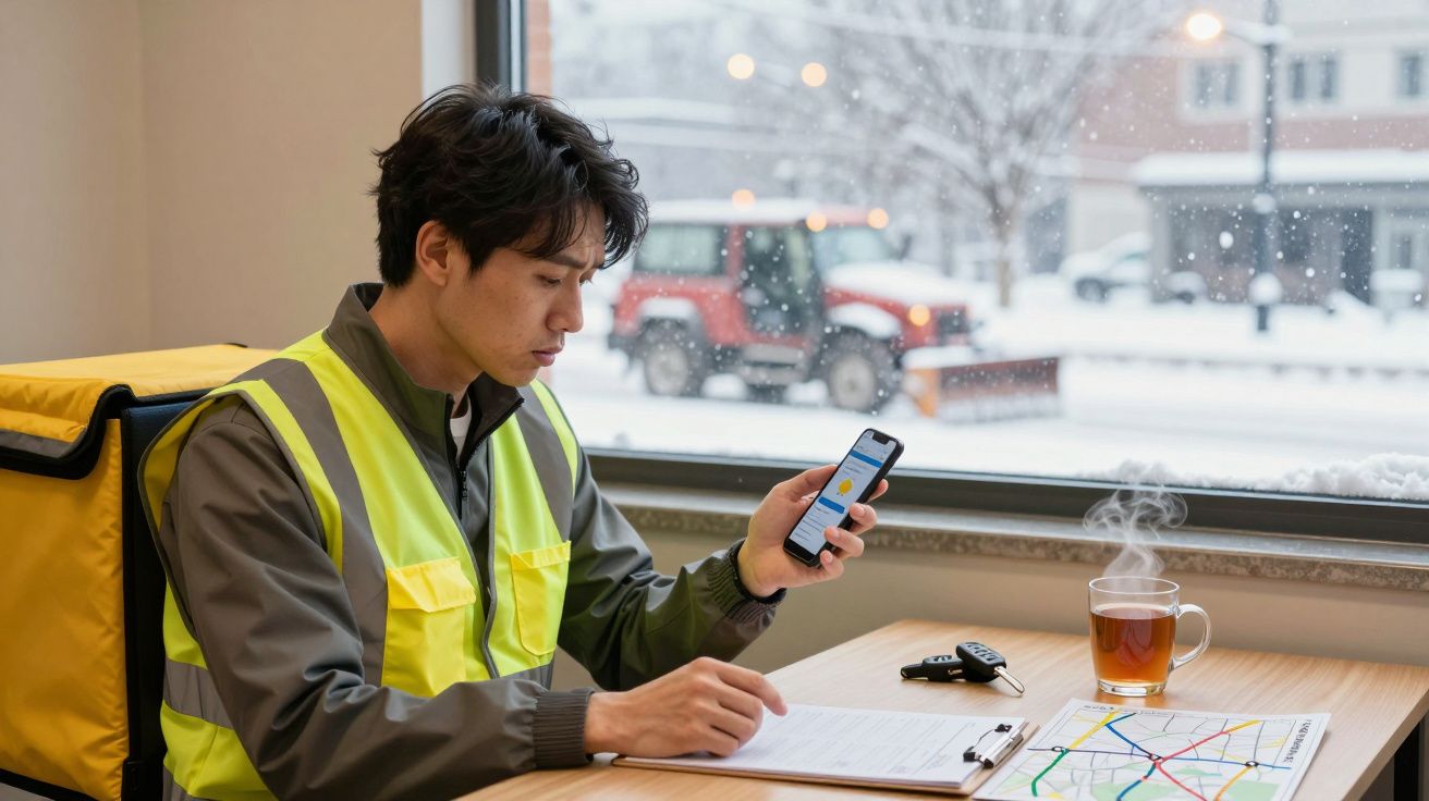 Entregador de colete refletor consulta telemóvel e mapa numa cafetaria, com neve visível pela janela.