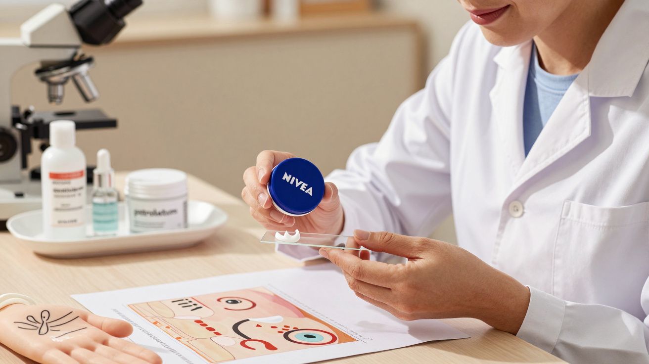 Cientista em laboratório segura frasco Nivea, com líquido em lâmina de vidro. Produtos e microscópio ao fundo.