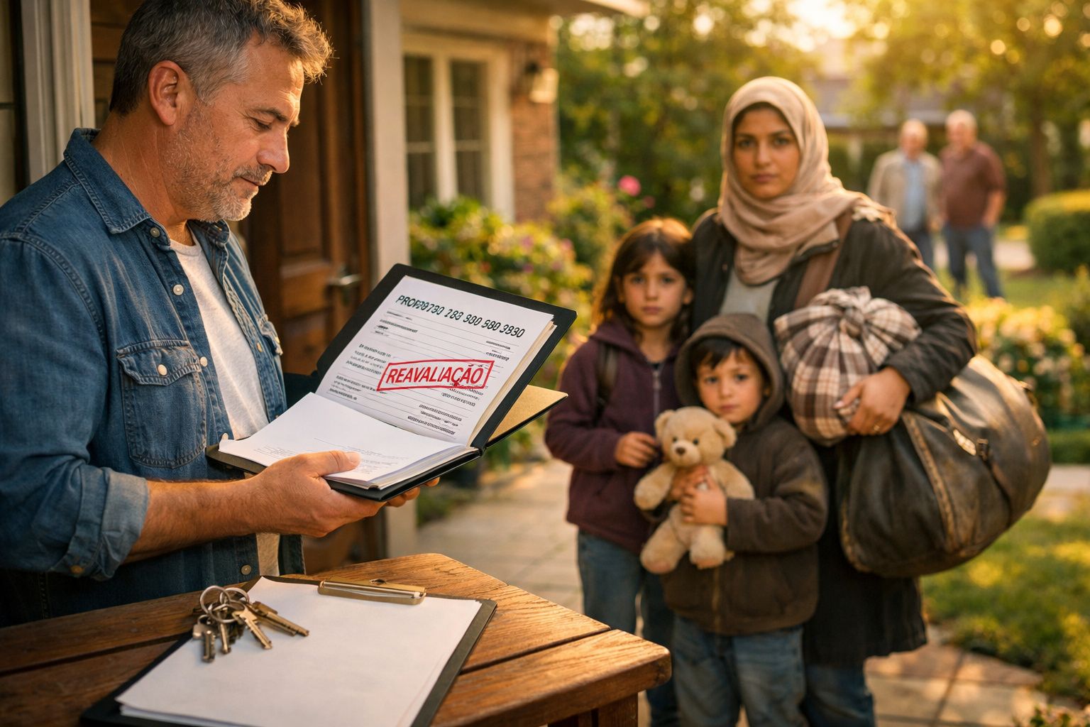 Homem lê papel em varanda, com malas e mochila à sua volta, casas residenciais ao fundo.
