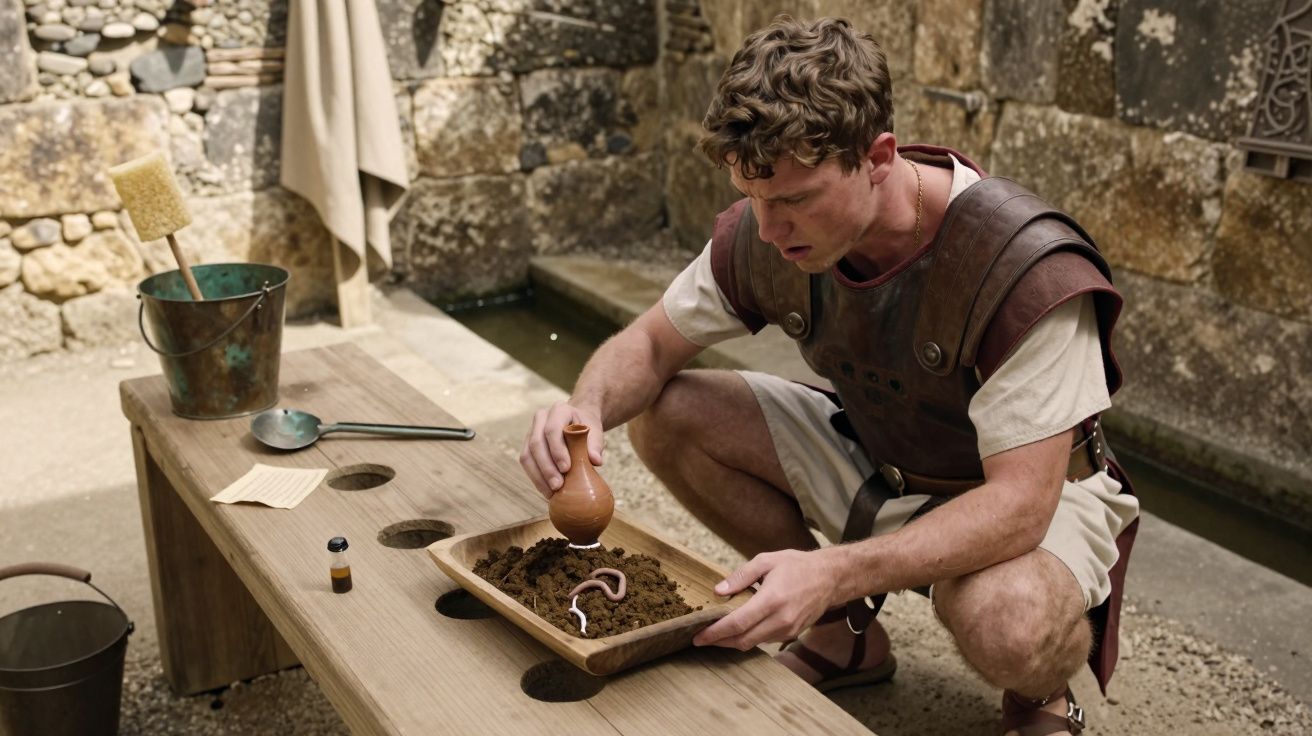 Homem vestido como soldado romano ajoelhado, a misturar terra numa bandeja, com uma esponja e balde ao lado.