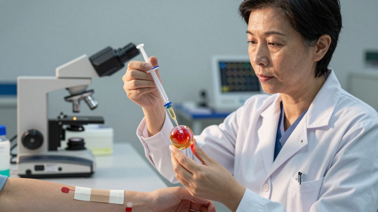 Cientista em laboratório utiliza pipeta para transferir líquido vermelho enquanto examina amostra sob microscópio.