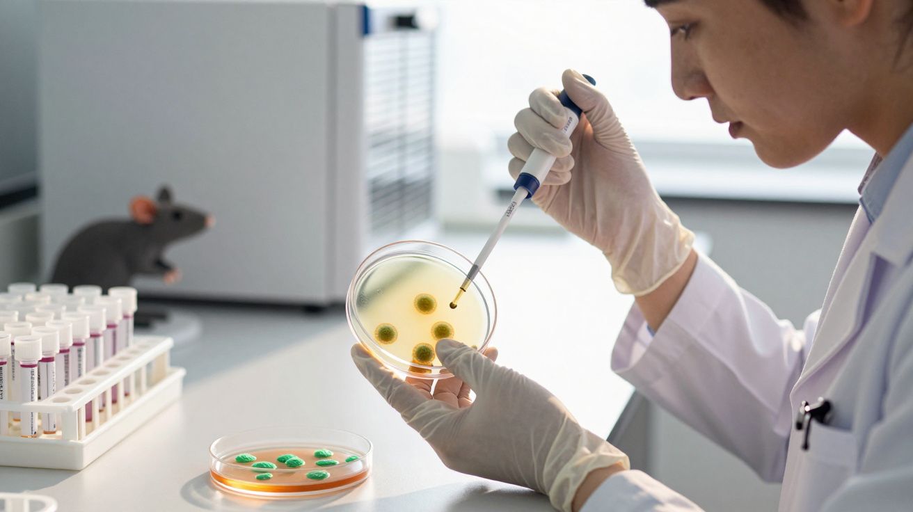 Cientista analisando placa de Petri com pipeta em laboratório, ratinho cinza ao fundo.