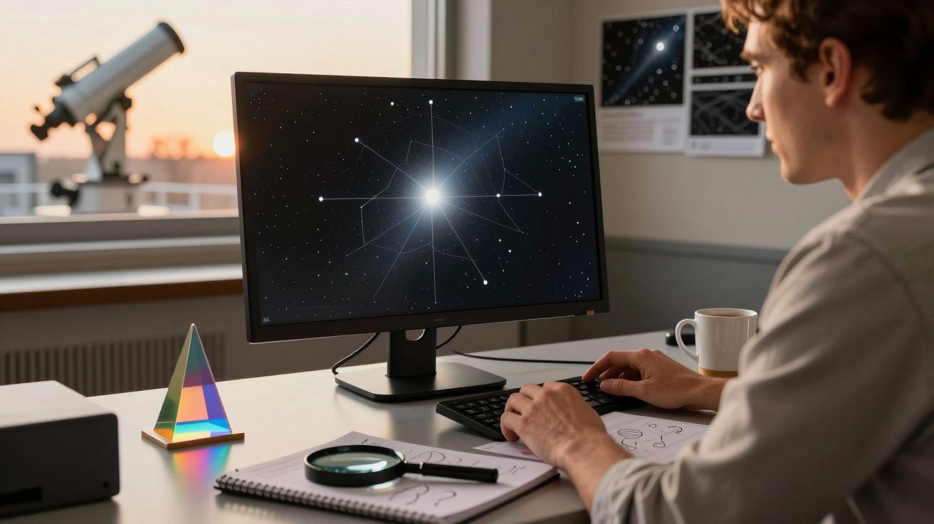 Homem sentado à secretária analisa constelação no ecrã do computador, com telescópio e prisma ao fundo.