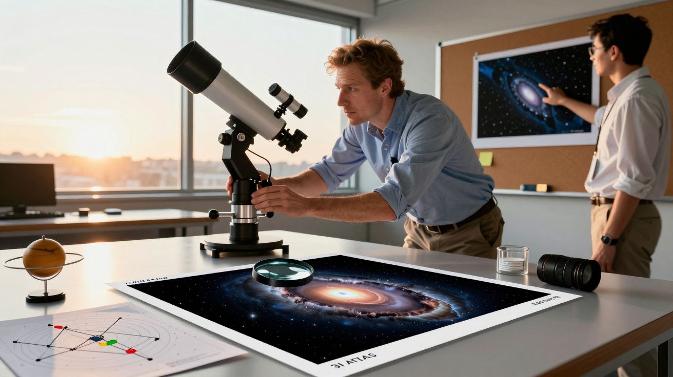 Dois homens estudam imagens de galáxias numa sala com telescópio e mapas astronómicos.