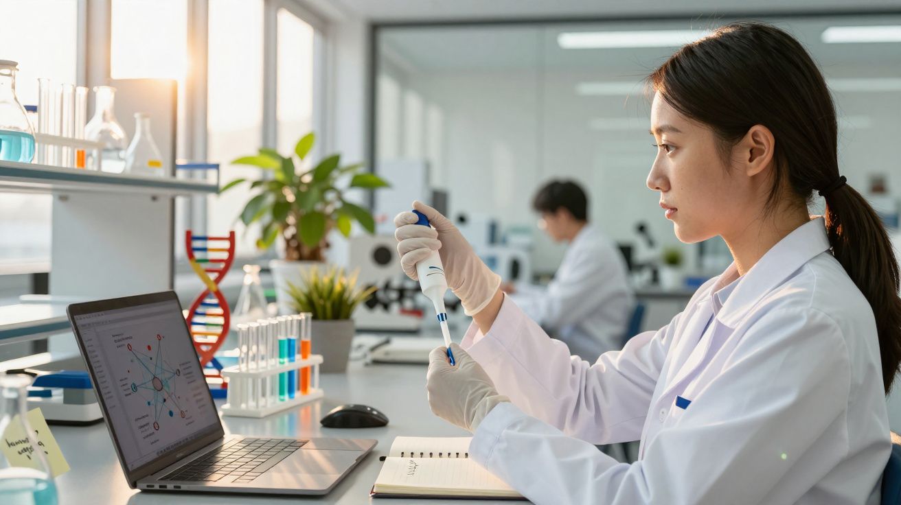 Cientista em laboratório usando pipeta ao lado de um computador portátil com tubos de ensaio ao fundo.