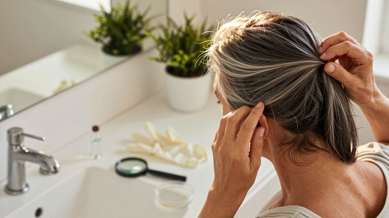 Mulher penteia o cabelo grisalho em frente ao espelho na casa de banho.