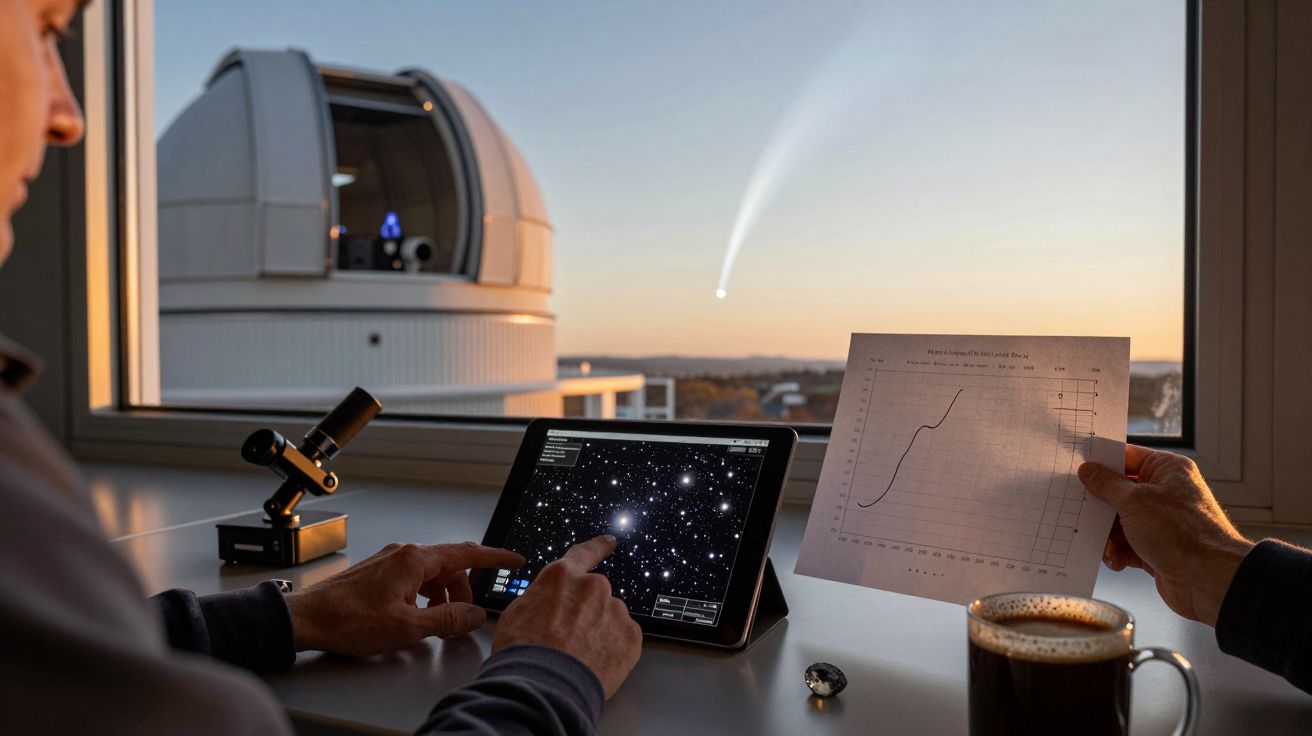 Astrónomo analisa estrelas num tablet, com cúpula de observatório ao fundo e cometa visível no céu.