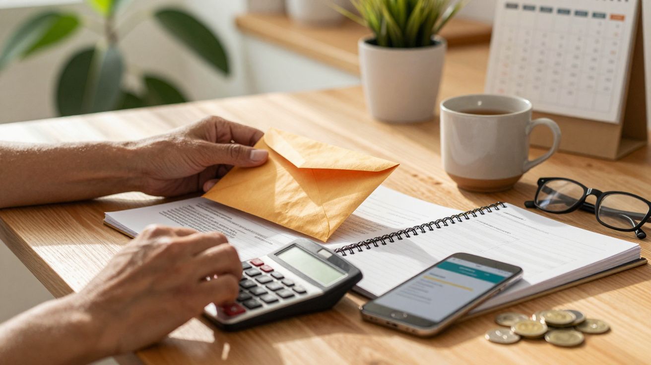 Pessoa usando uma calculadora e segurando um envelope, com bloco de notas, caneca, óculos e moedas sobre a mesa.