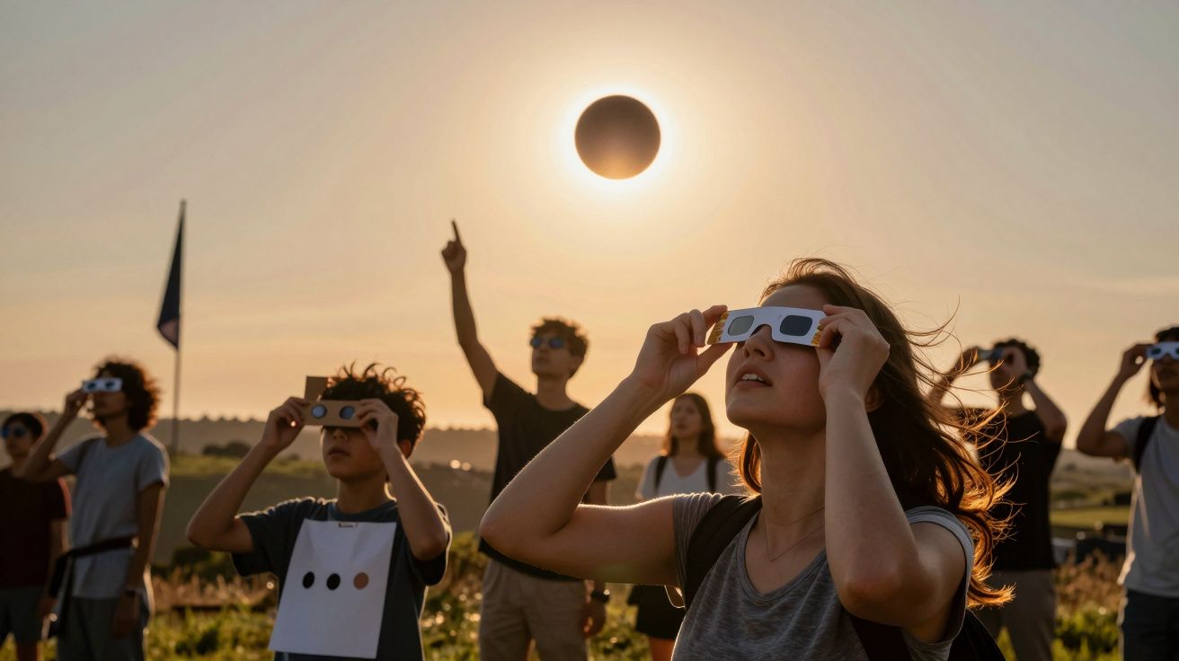 Pessoas com óculos especiais observam um eclipse solar num campo ao pôr do sol.