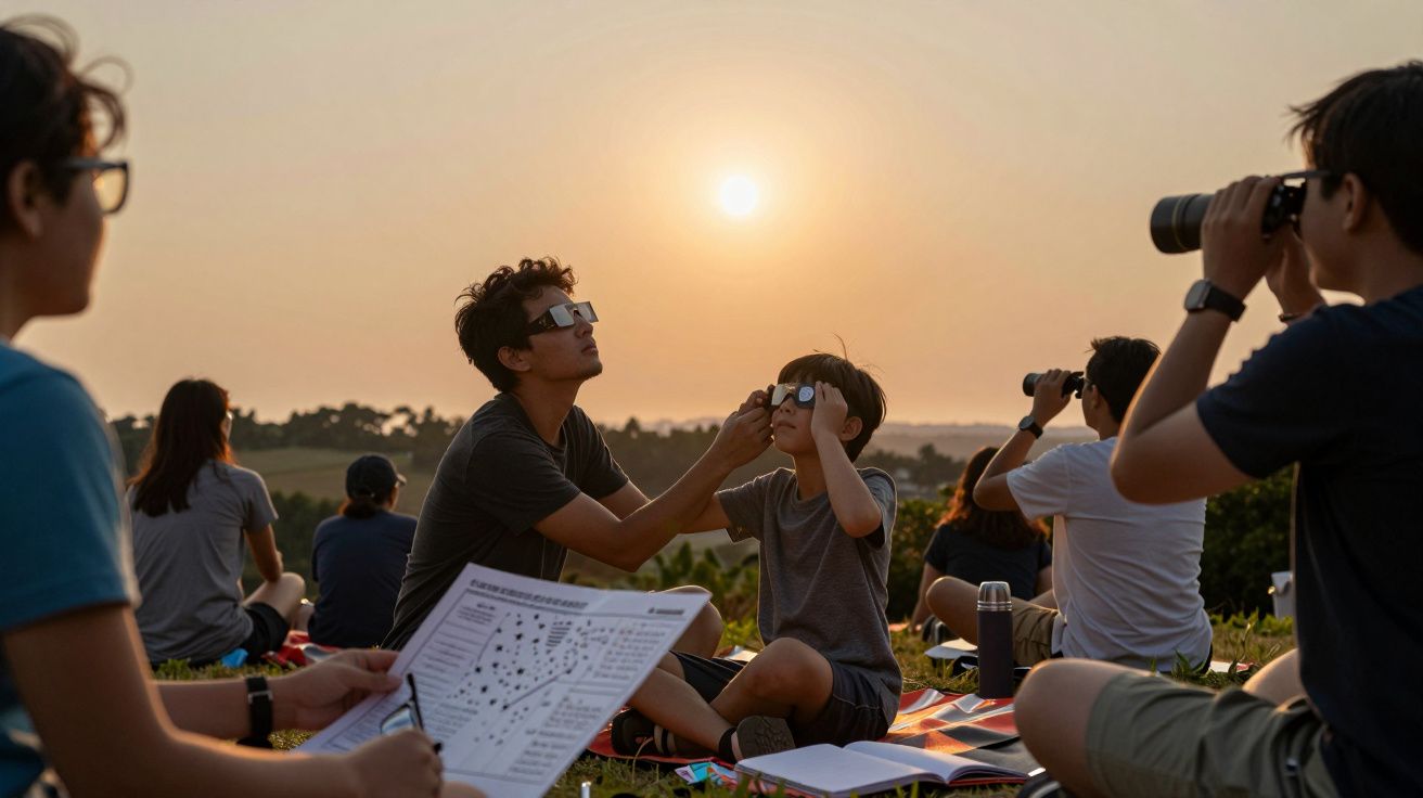 Grupo de pessoas observa o pôr do sol com óculos especiais e binóculos num campo aberto.