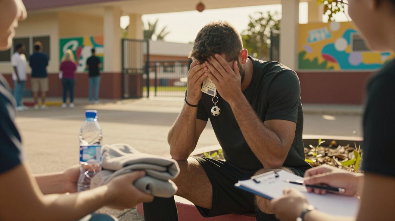 Jogador de futebol sentado no banco com as mãos na cabeça, com pessoas à volta segurando roupa e uma prancheta.