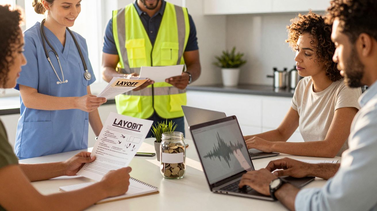 Grupo de profissionais de várias áreas discute documentos de layoff numa mesa de reunião.