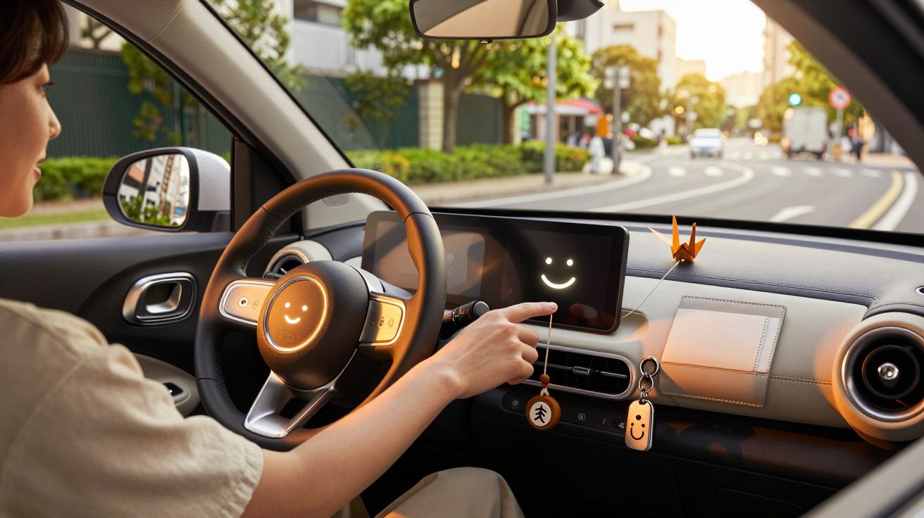 Pessoa a conduzir carro com ecrã digital mostrando rosto sorridente, volante e painel de instrumentos iluminados.