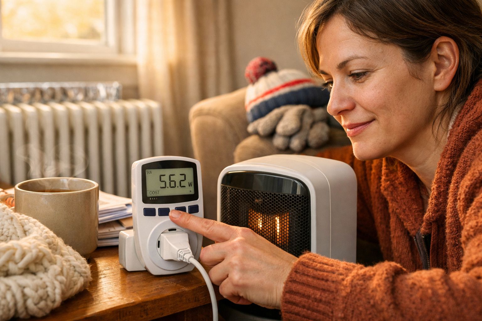 Pessoa liga dispositivo à tomada; ao fundo, crianças brincam em sala acolhedora.