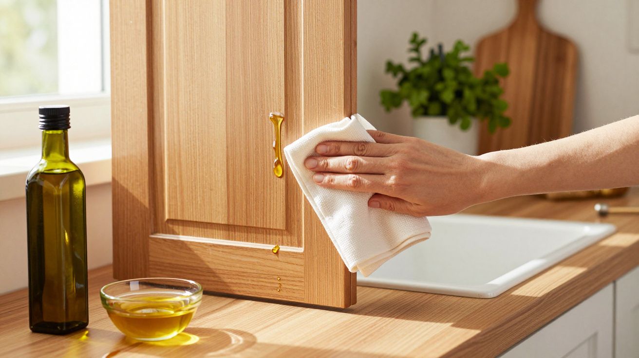 Mão limpa armário de madeira com pano branco; frasco de azeite e tigela em cima da bancada ao lado.