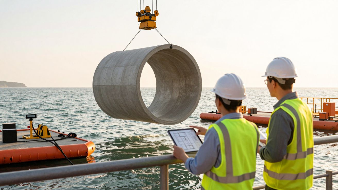 Dois trabalhadores com coletes refletivos observam um bloco de concreto suspenso por guindaste sobre o mar.