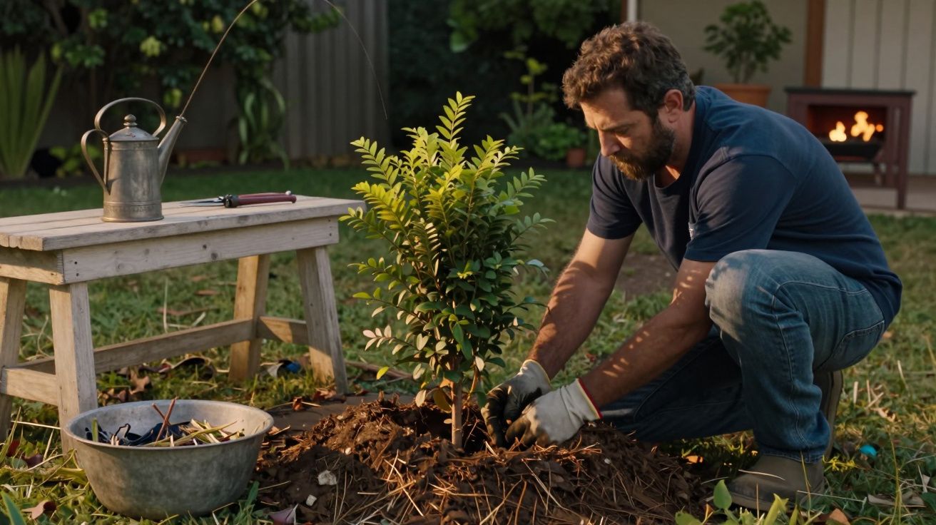 Homem planta uma árvore jovem no jardim, usando luvas. Balde e regador sobre banco de madeira ao lado.