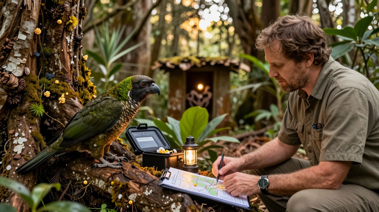 Homem observa e toma notas ao lado de um papagaio numa floresta, com lanterna e mapa sobre uma árvore envolta de flores.