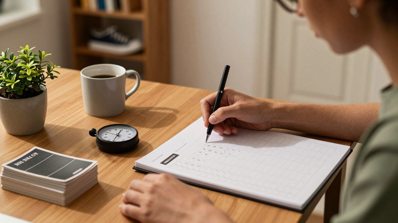 Pessoa a escrever num calendário numa secretária com uma planta, chávena, cronómetro e bloco de notas ao lado.